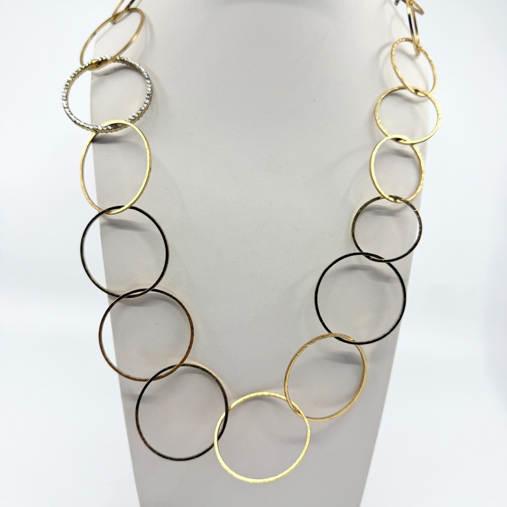 VTG Gold Tone Interlocking Circle Link Statement Necklace Rhinestone Accent 31"